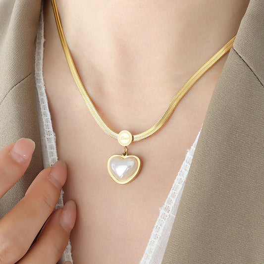 RAIRA Korean Style Heart Pearl Pendant Necklace, Gold Plated Snake Chain | Women's Necklace