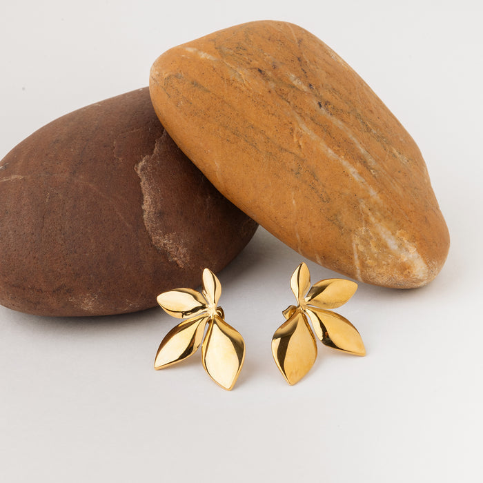 RAIRA Gold Plated Stainless Steel Petal Half Flower Stud Earrings - Golden For Women & Girls