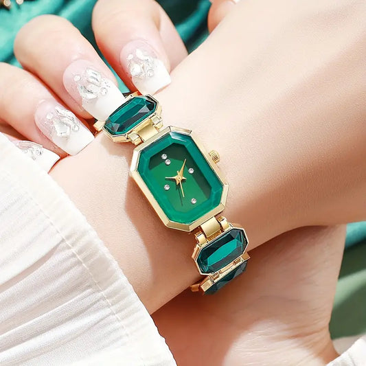 RAIRA Women's Emerald Green Square Watch with Golden-Tone Zinc Alloy Case & -Accented Bracelet Band - Quartz Movement,