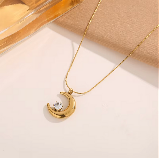 RAIRA Gold Crescent Moon Pendant Necklace with White Crystal, Chain For Women & Girl's
