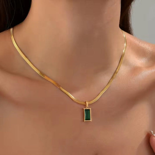 RAIRA Necklace for Women Stainless Steel Geometric Square Green Crystal Pendant Necklace For Women & Girls