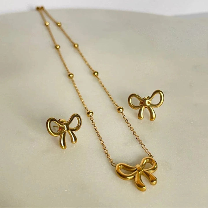 RAIRA Gold-Tone Bow Pendant Necklace & Earring Gift Set for Women & Girl's