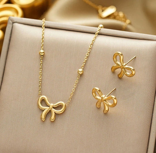 RAIRA Gold-Tone Bow Pendant Necklace & Earring Gift Set for Women & Girl's