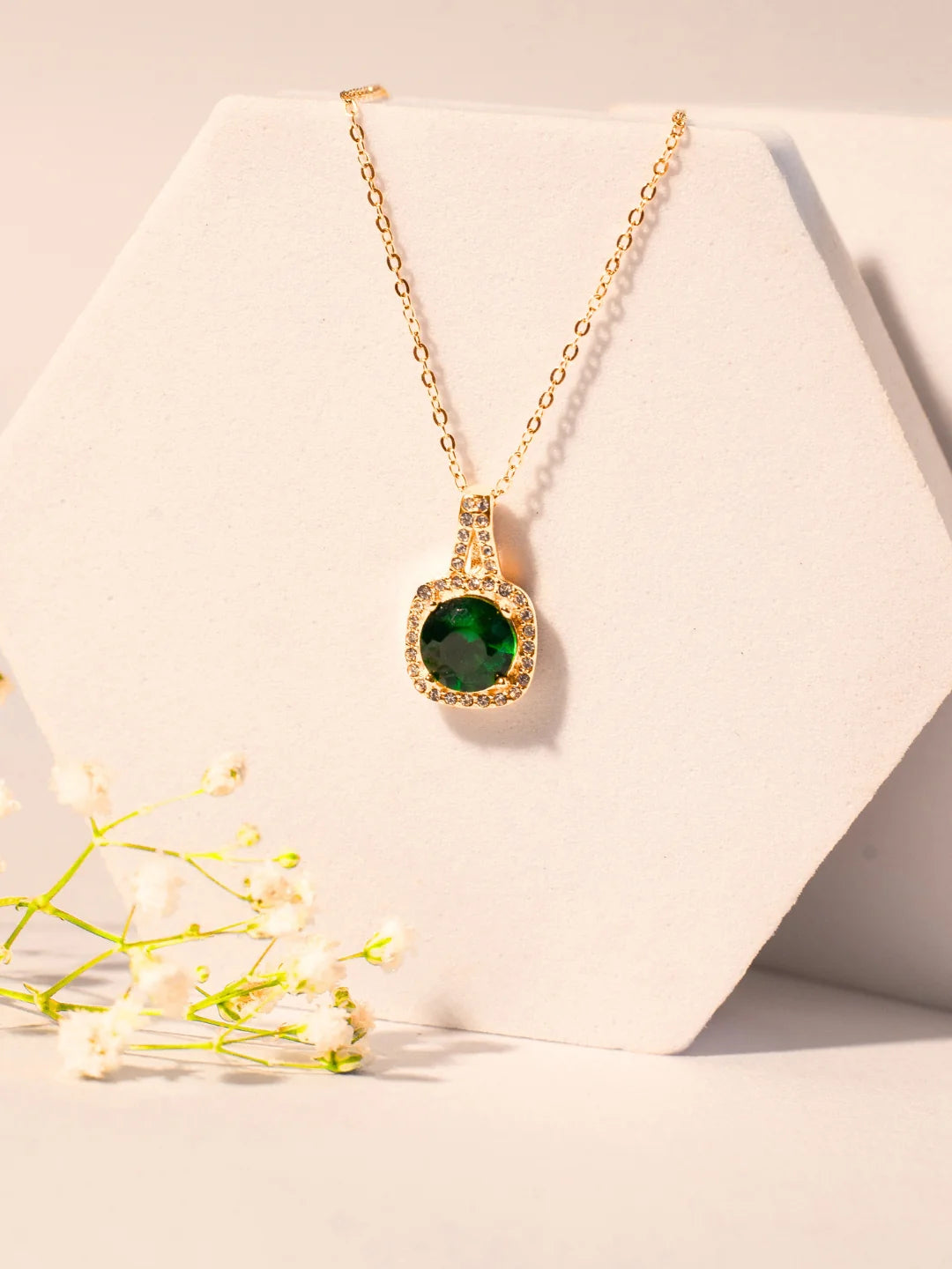 RAIRA Elegant Gold-Plated Green Stone Pendant Chain – 316L Stainless Steel, AD Crystals