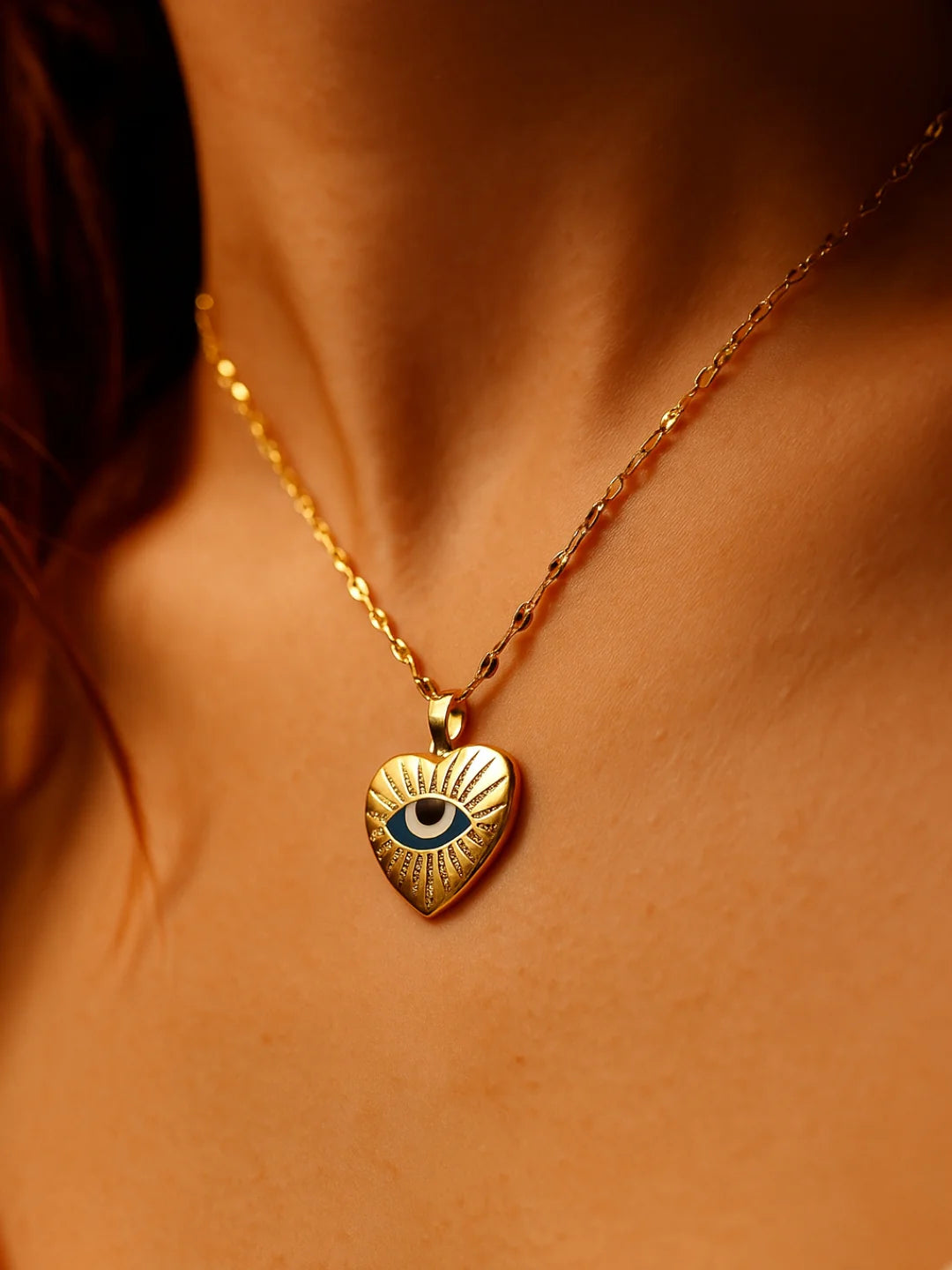 RAIRA Evil Eye Heart Pendant Necklace in 14K Gold Plated Stainless Steel | Anti-Tarnish CZ Chain for Women