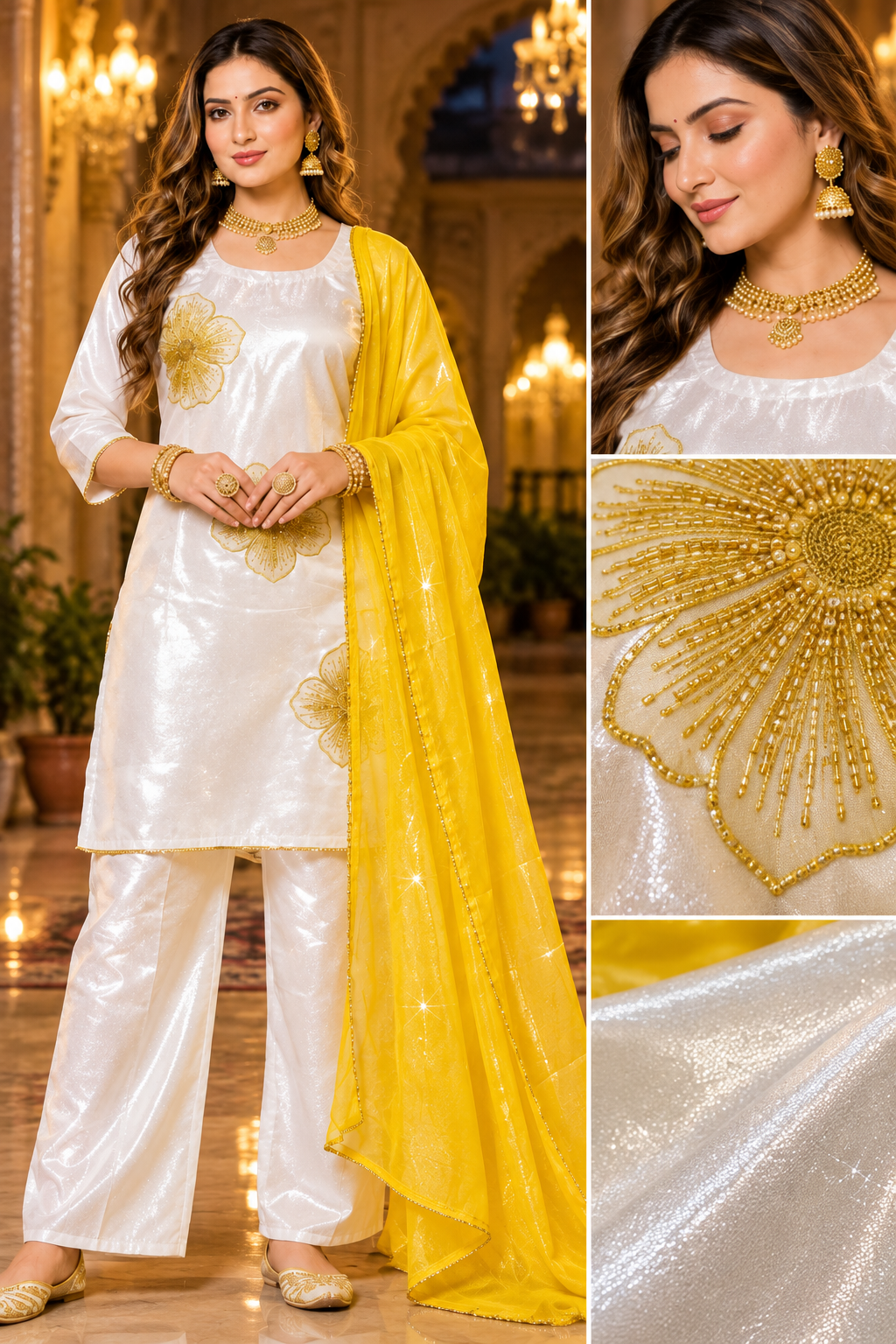 A woman models a white satin kurta set with wide-leg pants and a bright yellow dupatta, shown in a full-body view and a close-up detail panel highlighting the gold embroidery on the kurta and the sheer yellow fabric.