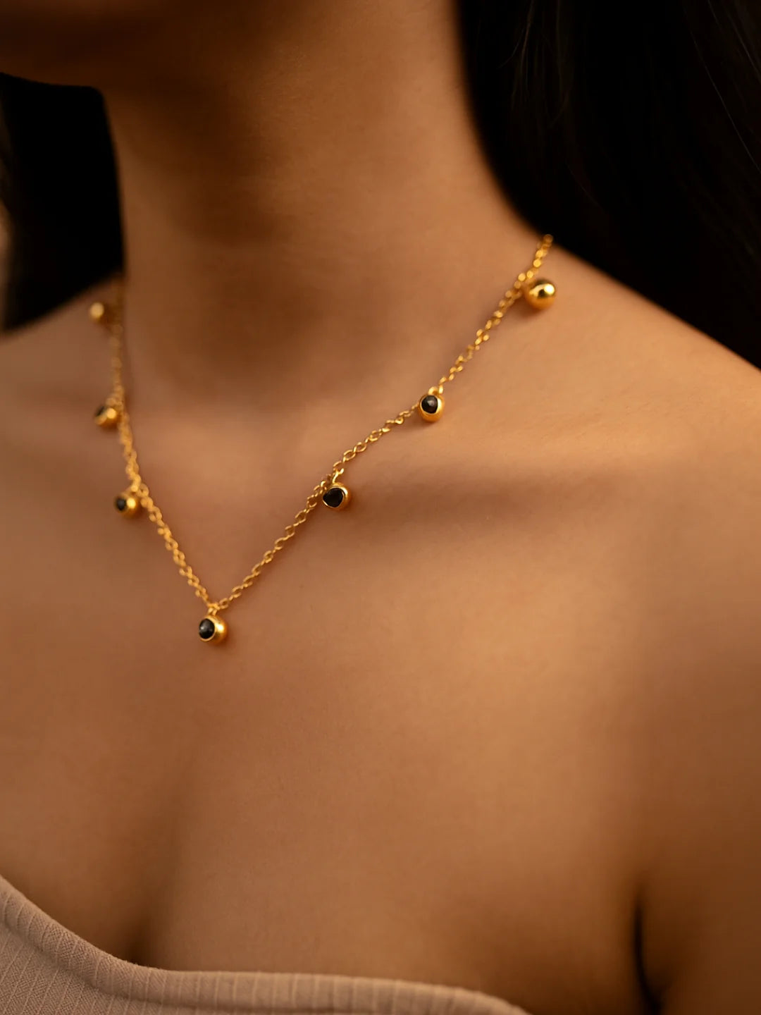 RAIRA Green CZ Studded Necklace – Gold Plated Stainless Steel, Adjustable Chain