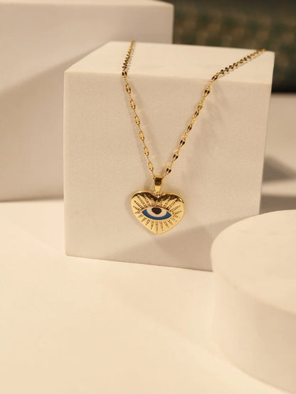 RAIRA Evil Eye Heart Pendant Necklace in 14K Gold Plated Stainless Steel | Anti-Tarnish CZ Chain for Women