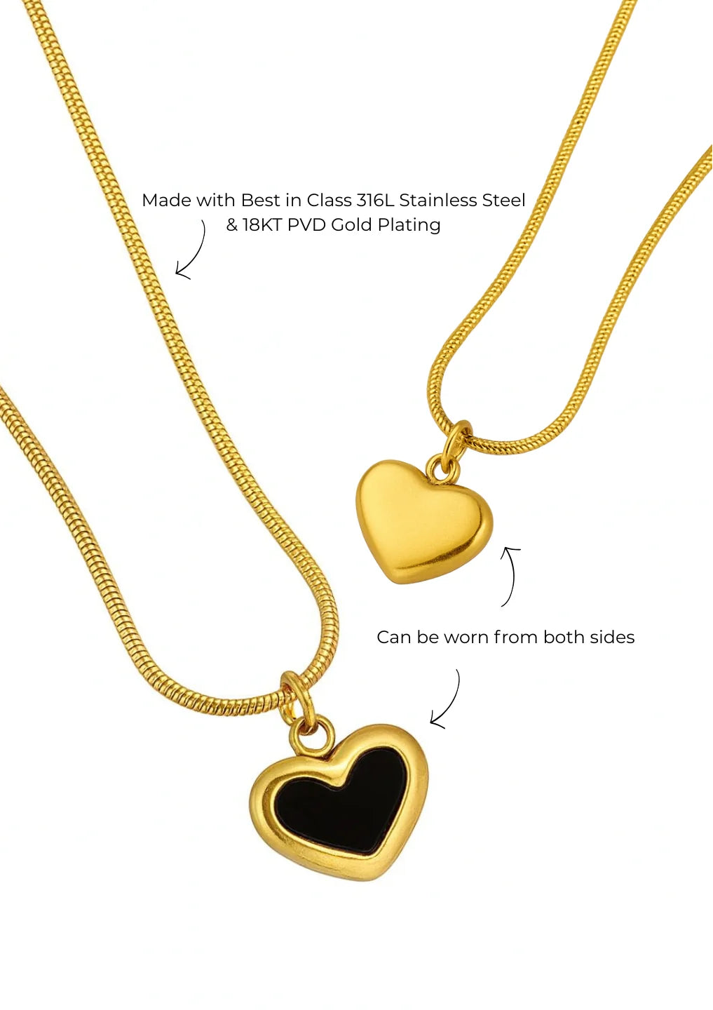 RAIRA Black Mini Heart Gold Pendant Necklace – 18K Gold Plated, Onyx Charm Pendant