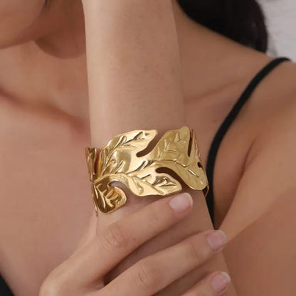 RAIRA Golden Alloy Leaf Cuff Bracelet for Women's and Girl's