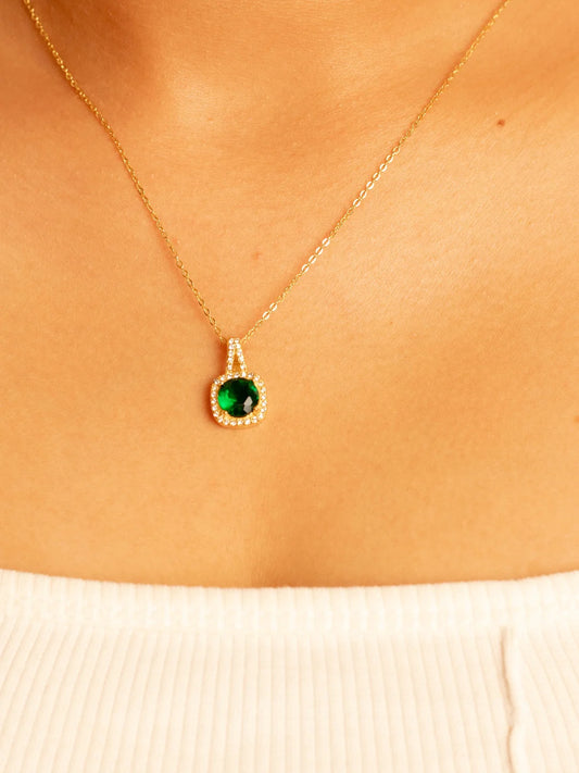 RAIRA Elegant Gold-Plated Green Stone Pendant Chain – 316L Stainless Steel, AD Crystals