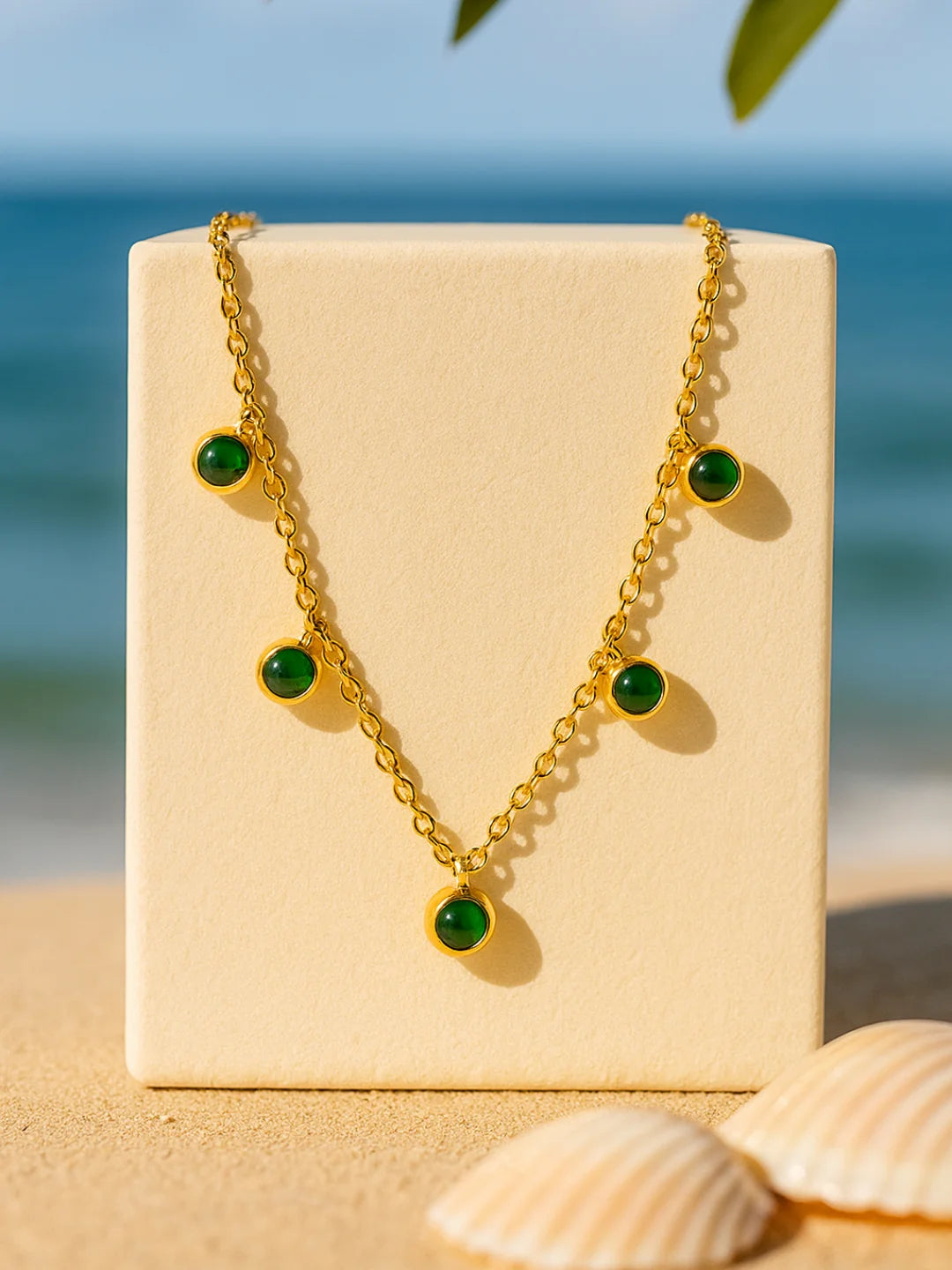 RAIRA Green CZ Studded Necklace – Gold Plated Stainless Steel, Adjustable Chain