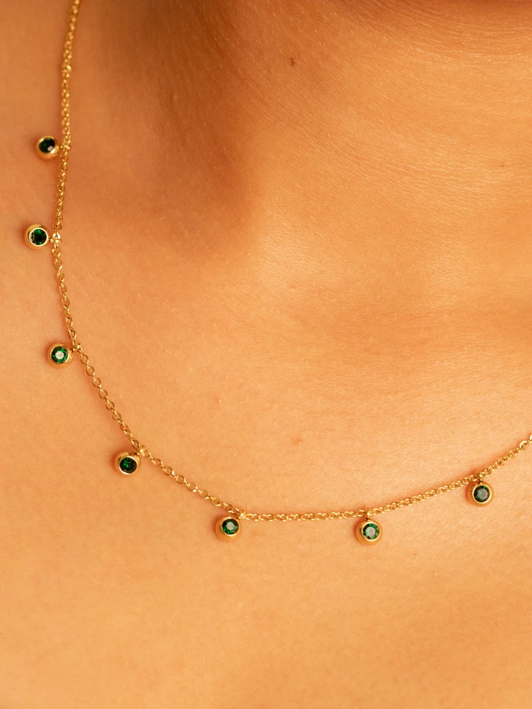 RAIRA Green CZ Studded Necklace – Gold Plated Stainless Steel, Adjustable Chain