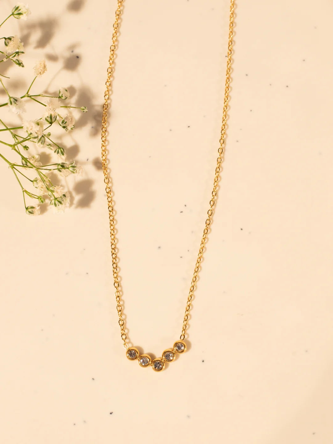 RAIRA  V Studded Pendant Necklace – Gold Plated Stainless Steel, AD Stones,