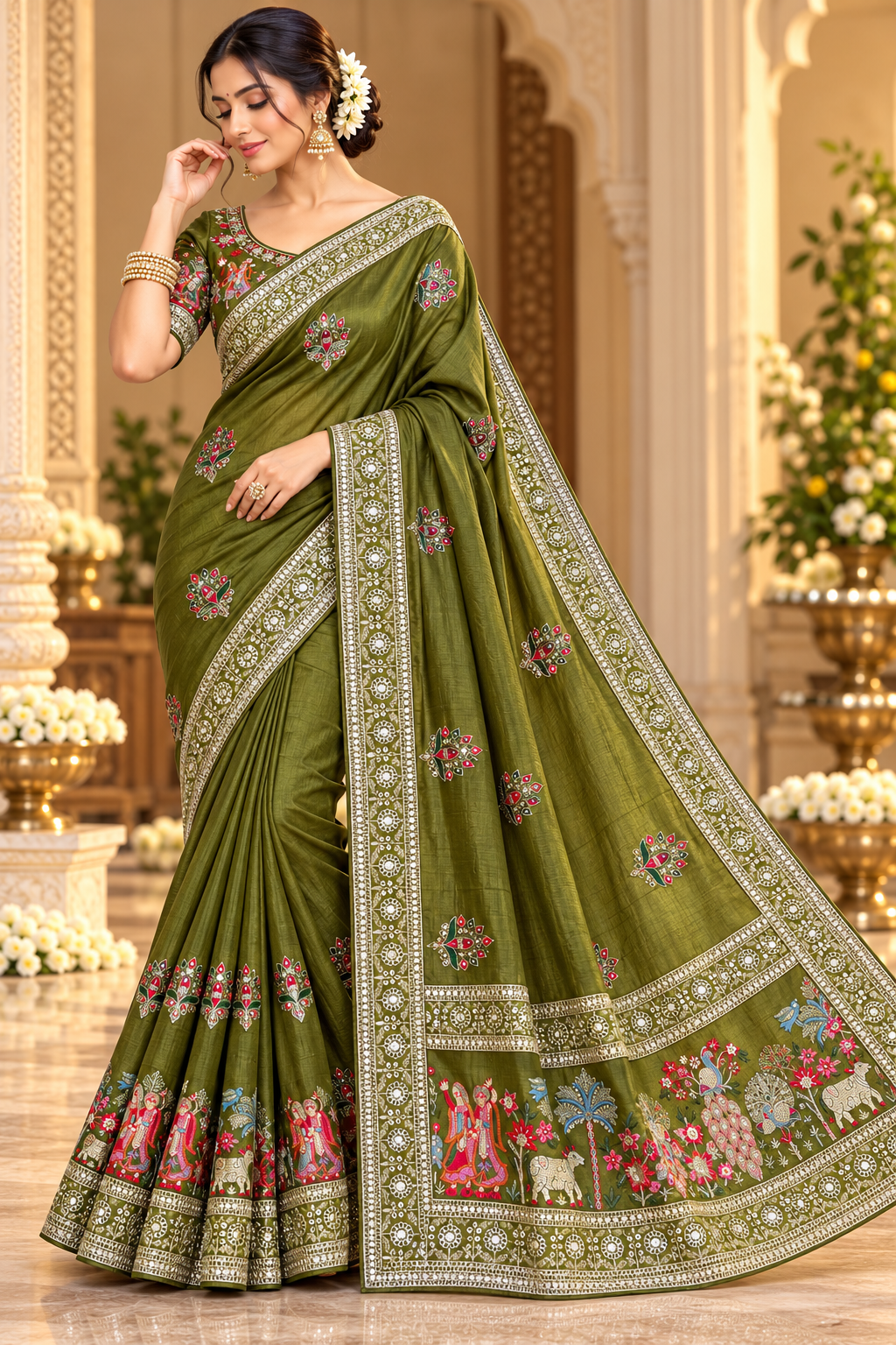 Karwa Chauth Special Olive Green Designer Saree