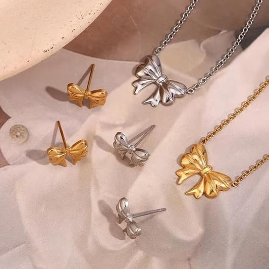 RAIRA Charm Bow-Knot Anti-Tarnish Gold-Plated Chain Necklace Stainless Steel Waterproof GIFT Set for Women and Girls