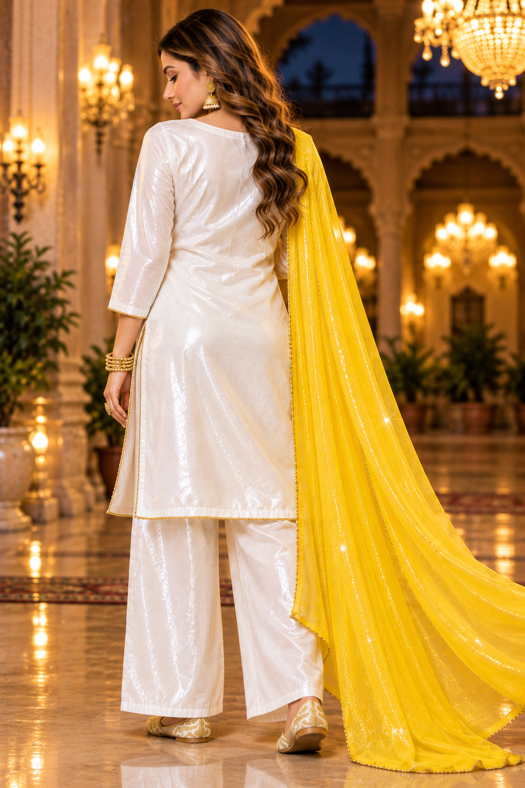 Yellow White Women’s Ethnic Wear Kurta Set | Embroidered Kurta Pant with Dupatta | Festive & Party Wear