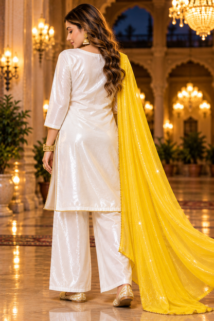 Yellow White Women’s Ethnic Wear Kurta Set | Embroidered Kurta Pant with Dupatta | Festive & Party Wear