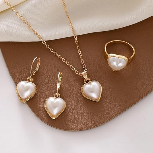 RAIRA Love Pearls Necklace Earrings Rings Jewelry Set Gift for Prom Girls Adjustable Jewelry