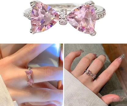 RAIRA Pink Crystal Rings Simple Bowknot Open  Finger Rings Gift For Women & Girl's