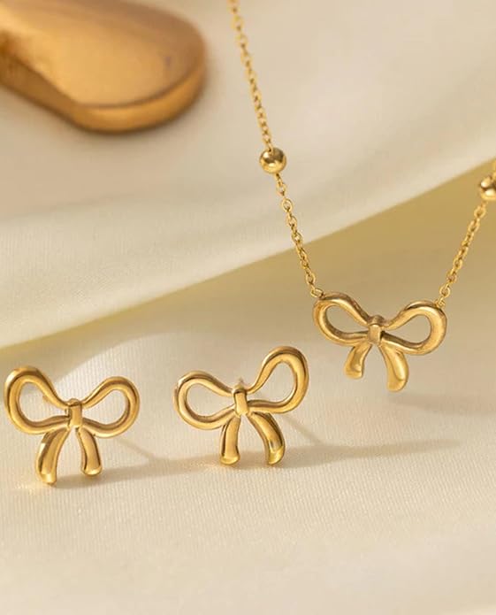 RAIRA Gold-Tone Bow Pendant Necklace & Earring Gift Set for Women & Girl's
