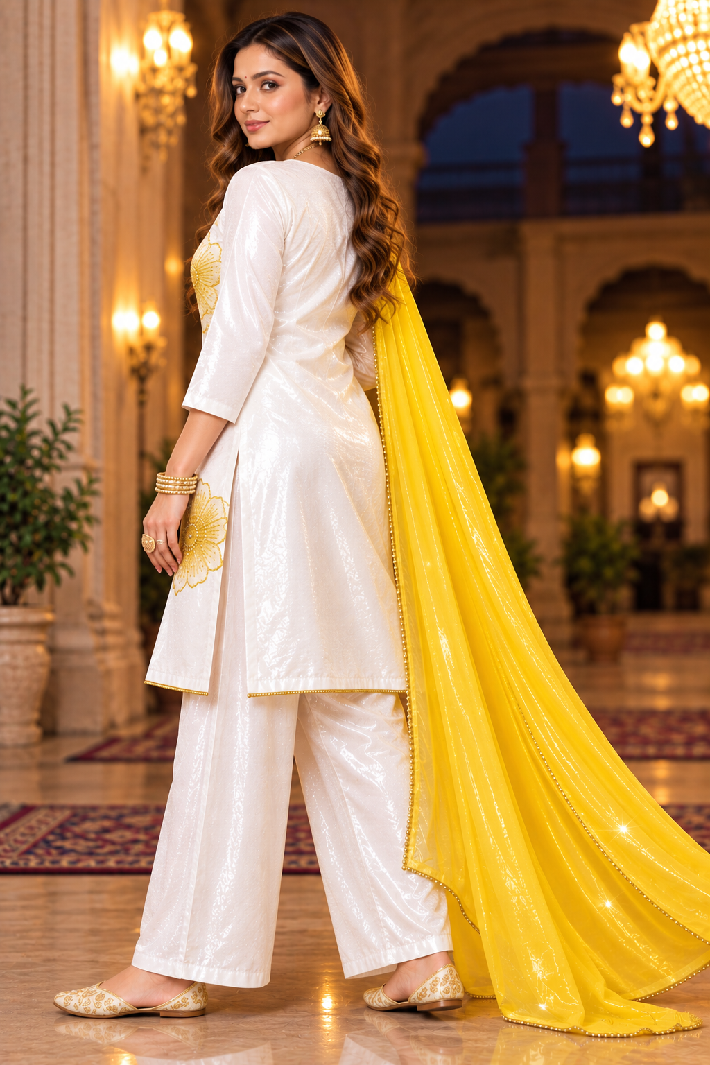 Yellow White Women’s Ethnic Wear Kurta Set | Embroidered Kurta Pant with Dupatta | Festive & Party Wear