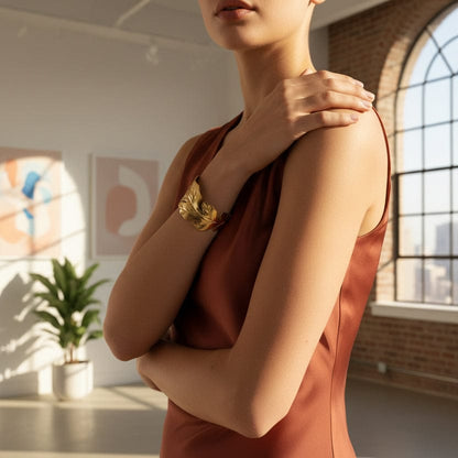 RAIRA Golden Alloy Leaf Cuff Bracelet for Women's and Girl's