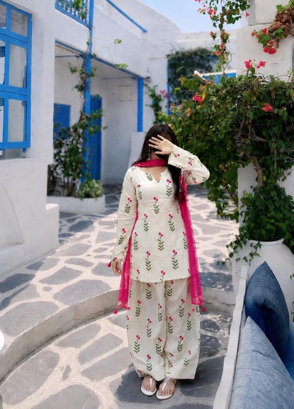 A woman wearing a Frashi Suit and the color is cream-colored embroidered salwar kameez suit with a bright pink dupatta, cotton suit salwar set 