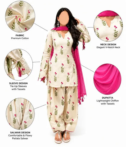 A woman modeling a Farshi suit salwar which is in  cream-colored floral salwar suit with a bright pink dupatta, cotton fabric, neck design, sleeve design, salwar design, and dupatta features.