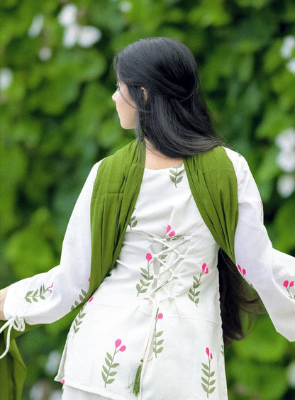A woman wearing a white Farshi Suit Salwar embroidered tunic with pink floral details and a green chuni  