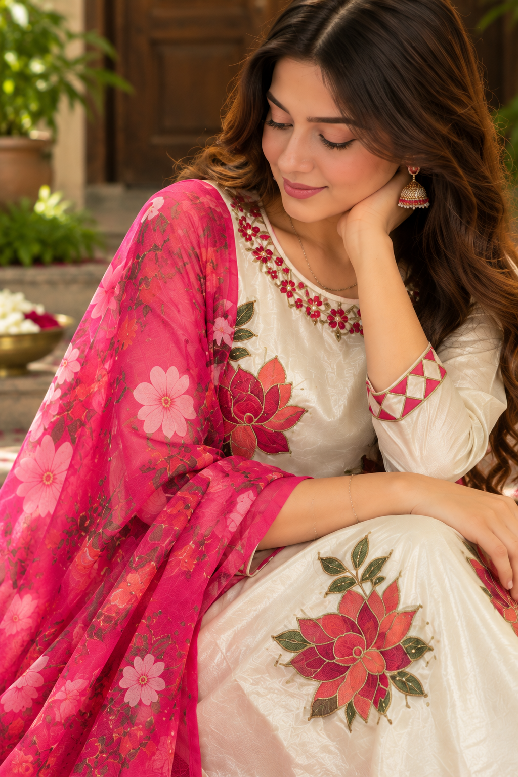 A woman wearing a white embroidered salwar suit with a bright pink floral dupatta, posed in an outdoor courtyard setting.