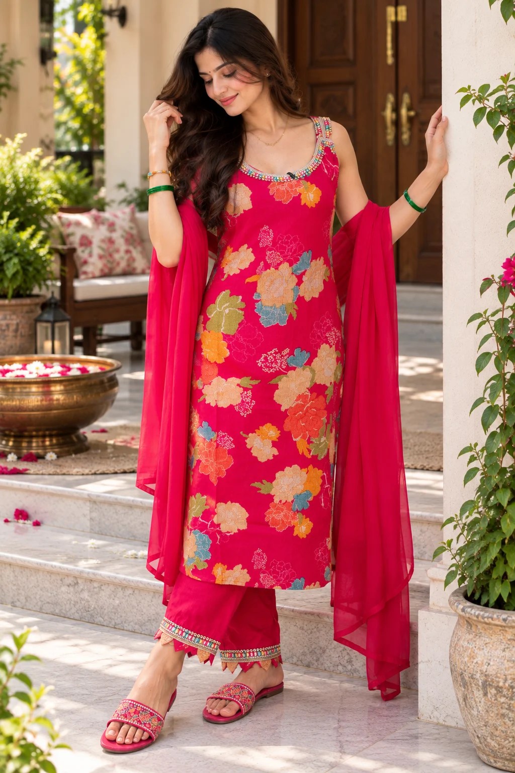 A woman models a bright pink floral salwar kameez suit with matching dupatta and pink pants, standing on outdoor stone steps in a garden courtyard setting.