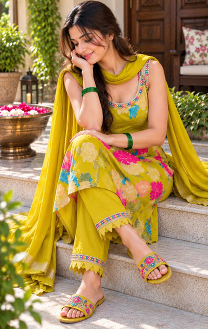 Floral Printed Kurta Pant Dupatta Set for Women Green Yellow