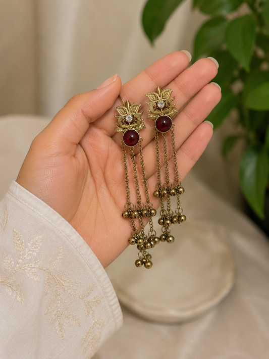 Gold Red Stone Dangler kashmiri Earrings