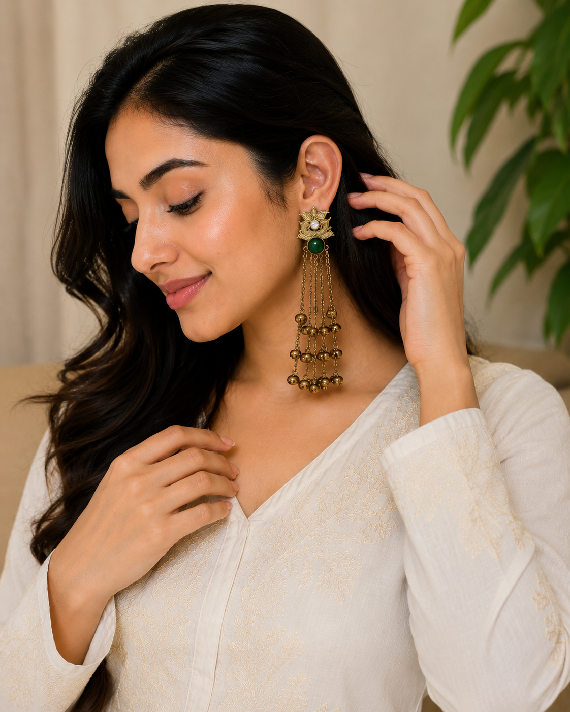 Green Stone Dangler kashmiri Earrings