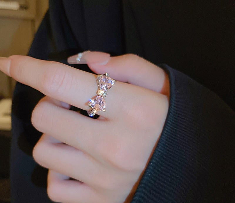 RAIRA Pink Crystal Rings Simple Bowknot Open  Finger Rings Gift For Women & Girl's