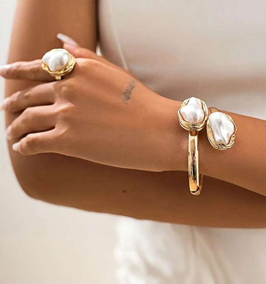 RAIRA 2PCS Korean Elegant Multi-color Baroque Imitation Pearl Bangles Ring Jewelry Set Women Chunky