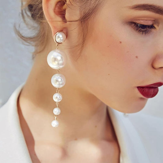 RAIRA Long Pearl Earrings for Women Pearl Dangle Earrings Big Pearl Drop Earrings Gold Pearl Chain Earrings Wedding Bridal Earrings for Women