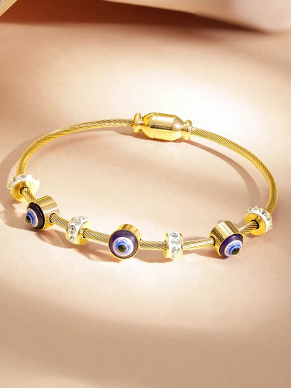 RAIRA Evil Eye Golden Bracelet for Women Stylish Adjustable Golden Kada with Anti-Tarnish Finish Crystal Accents and Magnet Accessories Elegant Evil Eye Bangles for Girls and Women