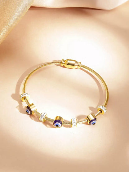 RAIRA Evil Eye Golden Bracelet for Women Stylish Adjustable Golden Kada with Anti-Tarnish Finish Crystal Accents and Magnet Accessories Elegant Evil Eye Bangles for Girls and Women