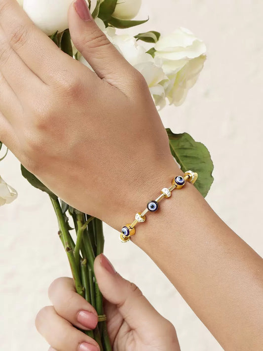 RAIRA Evil Eye Golden Bracelet for Women Stylish Adjustable Golden Kada with Anti-Tarnish Finish Crystal Accents and Magnet Accessories Elegant Evil Eye Bangles for Girls and Women