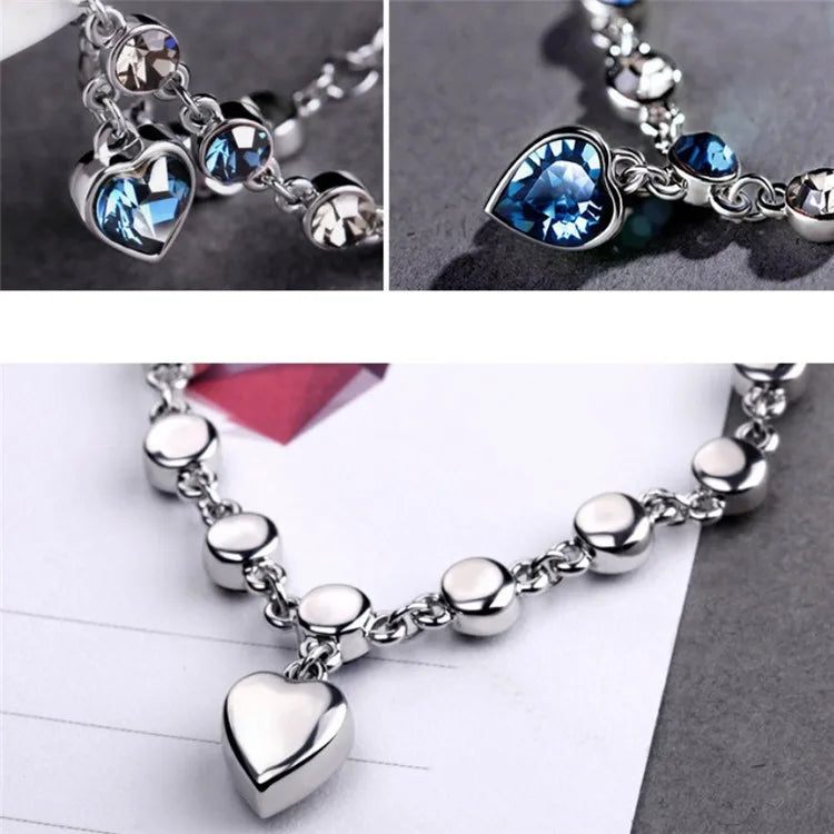 RAIRA 1 Piece Fashion Heart Shape Metal Inlay Rhinestones, Women's Lucky Bracelet Blue Crystal Heart Charm Pulseras Bracelet Bridal Wedding Engagement Valentines Fine Jewelry Gift for Women and Girls
