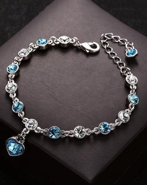 RAIRA 1 Piece Fashion Heart Shape Metal Inlay Rhinestones, Women's Lucky Bracelet Blue Crystal Heart Charm Pulseras Bracelet Bridal Wedding Engagement Valentines Fine Jewelry Gift for Women and Girls