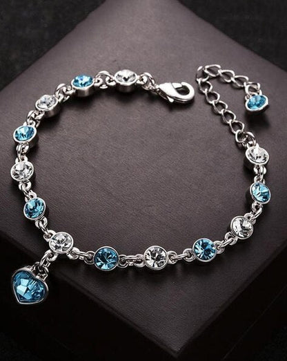 RAIRA 1 Piece Fashion Heart Shape Metal Inlay Rhinestones, Women's Lucky Bracelet Blue Crystal Heart Charm Pulseras Bracelet Bridal Wedding Engagement Valentines Fine Jewelry Gift for Women and Girls