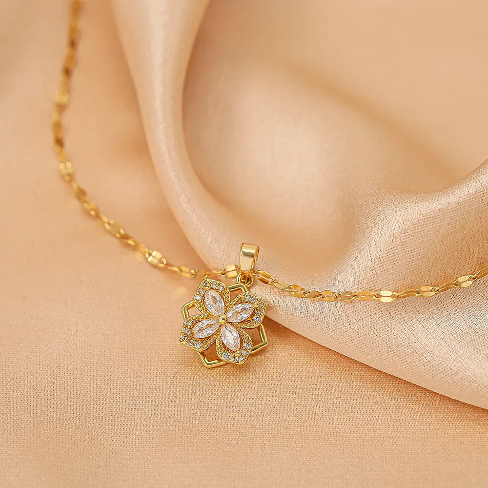 RAIRA Rotating Four-Leaf Clover  18k Gold Plated Rotating Flower Pendant Necklace Copper Women Jewelry Gift