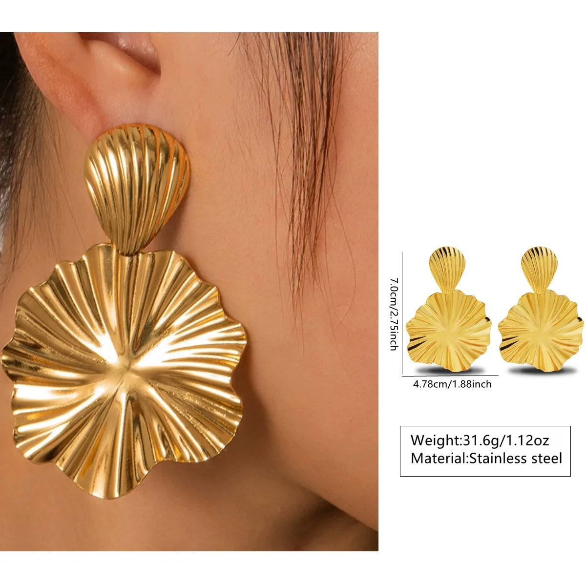 RAIRA 1 Pair Retro Streetwear Geometric Pleated Frill 304 Stainless Steel Imitation Gold Drop Earrings Gold plated lotus Stud Earrings 
Women & Girl’s