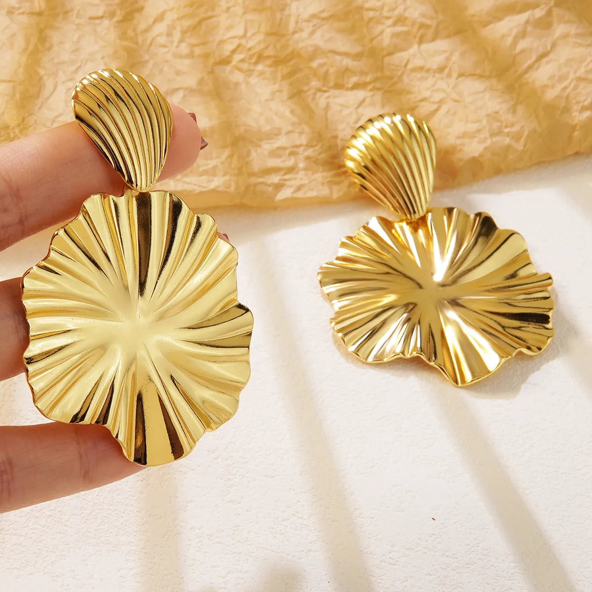 RAIRA 1 Pair Retro Streetwear Geometric Pleated Frill 304 Stainless Steel Imitation Gold Drop Earrings Gold plated lotus Stud Earrings 
Women & Girl’s