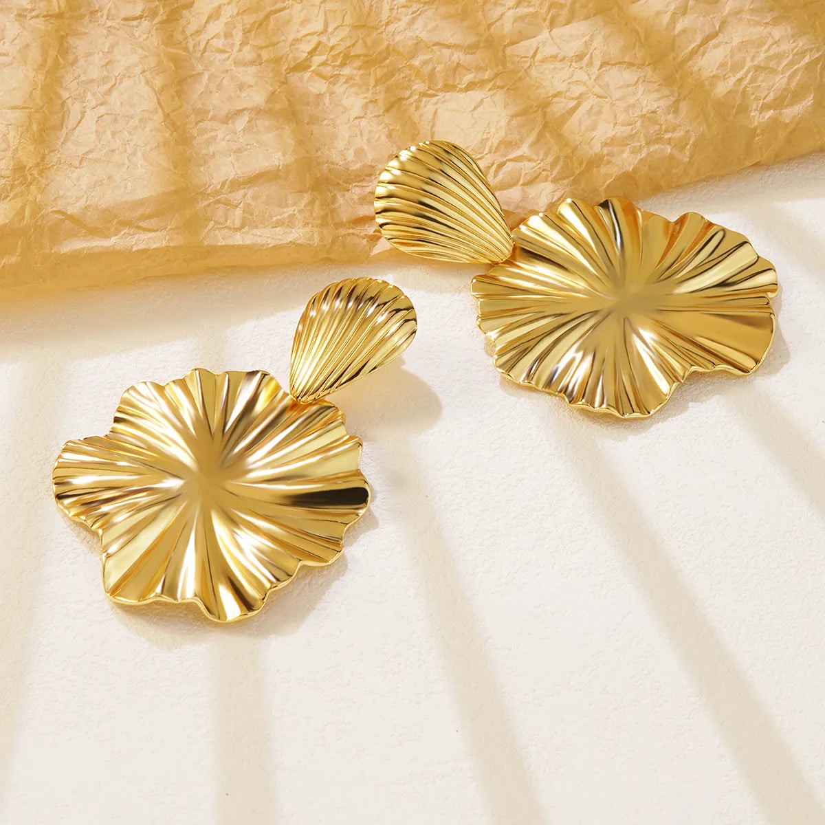RAIRA 1 Pair Retro Streetwear Geometric Pleated Frill 304 Stainless Steel Imitation Gold Drop Earrings Gold plated lotus Stud Earrings 
Women & Girl’s