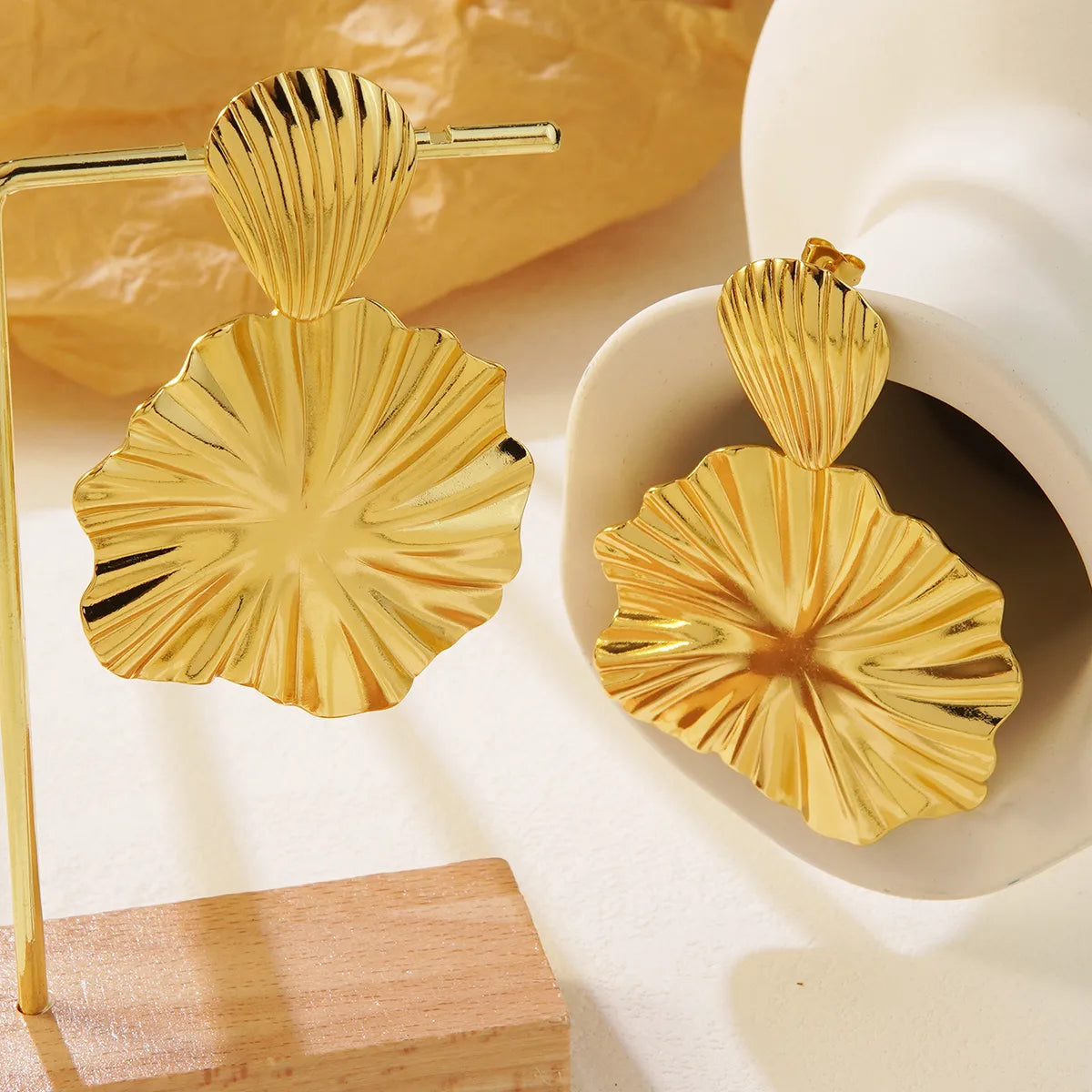 RAIRA 1 Pair Retro Streetwear Geometric Pleated Frill 304 Stainless Steel Imitation Gold Drop Earrings Gold plated lotus Stud Earrings 
Women & Girl’s