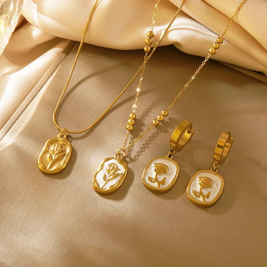 RAIRA Vintage Style Romantic Streetwear Quadrilateral Square Flower 304 Stainless Steel 18K Gold Plated Irregular O-shaped Chain Twisted Rope Chain Earrings Necklace Jewelry Set